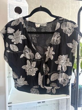 Roxy Black Wrap-Front Crop Top with Ivory Floral Print